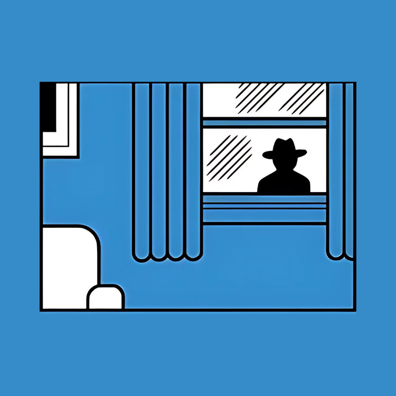 Graphic of a shadowy figure wearing a hat, visible through a window with drawn curtains inside a blue-walled room. The style is minimalist with bold lines. Graphic of a shadowy figure wearing a hat, visible through a window with drawn curtains inside a blue-walled room. The style is minimalist with bold lines.