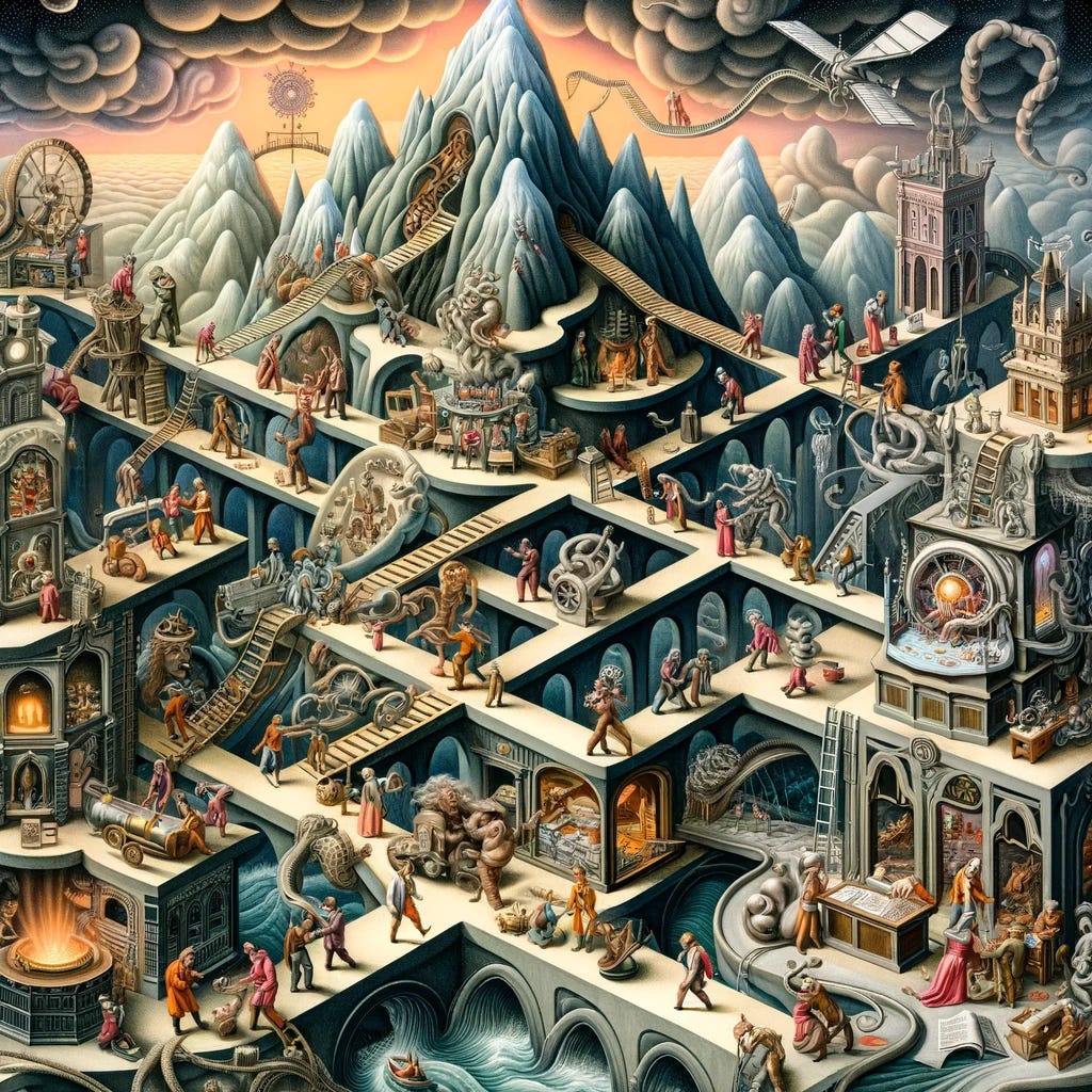 Illustrate an intricate scene inspired by Hieronymus Bosch that metaphorically represents the concept of navigating feature obligations in contracts. The scene includes various characters, both vendors and customers, navigating a complex and surreal landscape filled with symbolic obstacles and pathways. These obstacles represent the challenges of meeting feature obligations, such as towering mountains of paperwork, deep chasms of miscommunication, and bridges built from mutual agreements and understanding. Characters are shown cooperating to overcome these challenges, highlighting the importance of partnership and collaboration in this process. The overall atmosphere is one of a fantastical journey through the intricacies of contractual agreements, with a focus on the collaborative effort required to successfully navigate them.