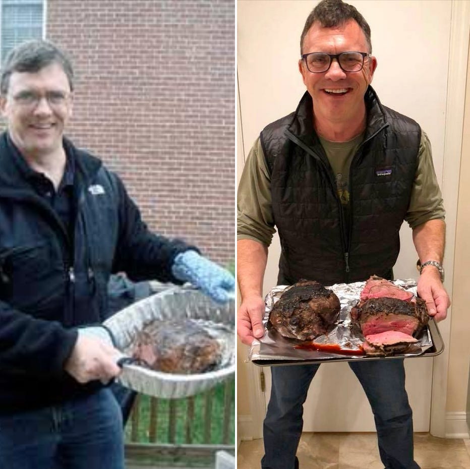 A collage of a person holding a tray of meat

Description automatically generated