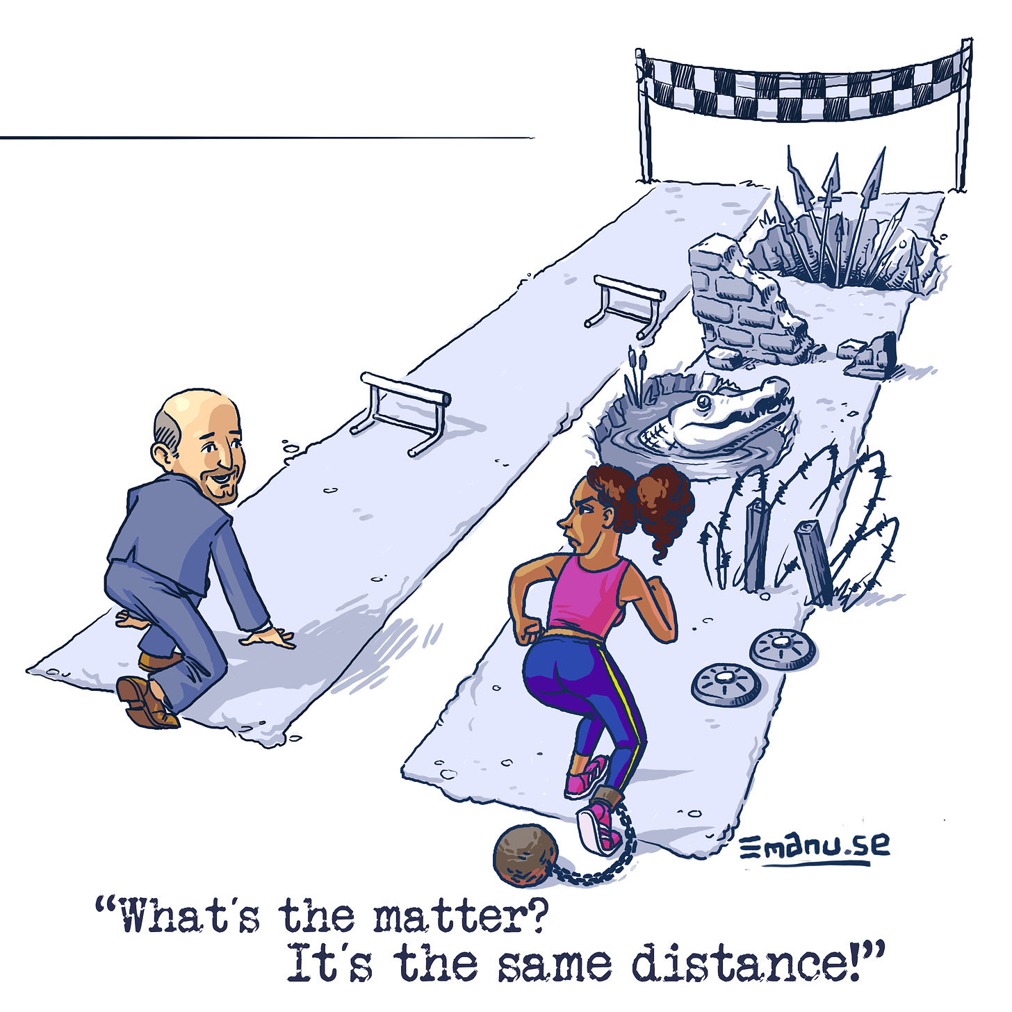A cartoon of a white man and a Black woman lining up to race. The Black woman’s track is littered with barbed wire alligators and other barriers, while the white man’s is clear. The caption reads “What’s the matter? It’s the same distance!”