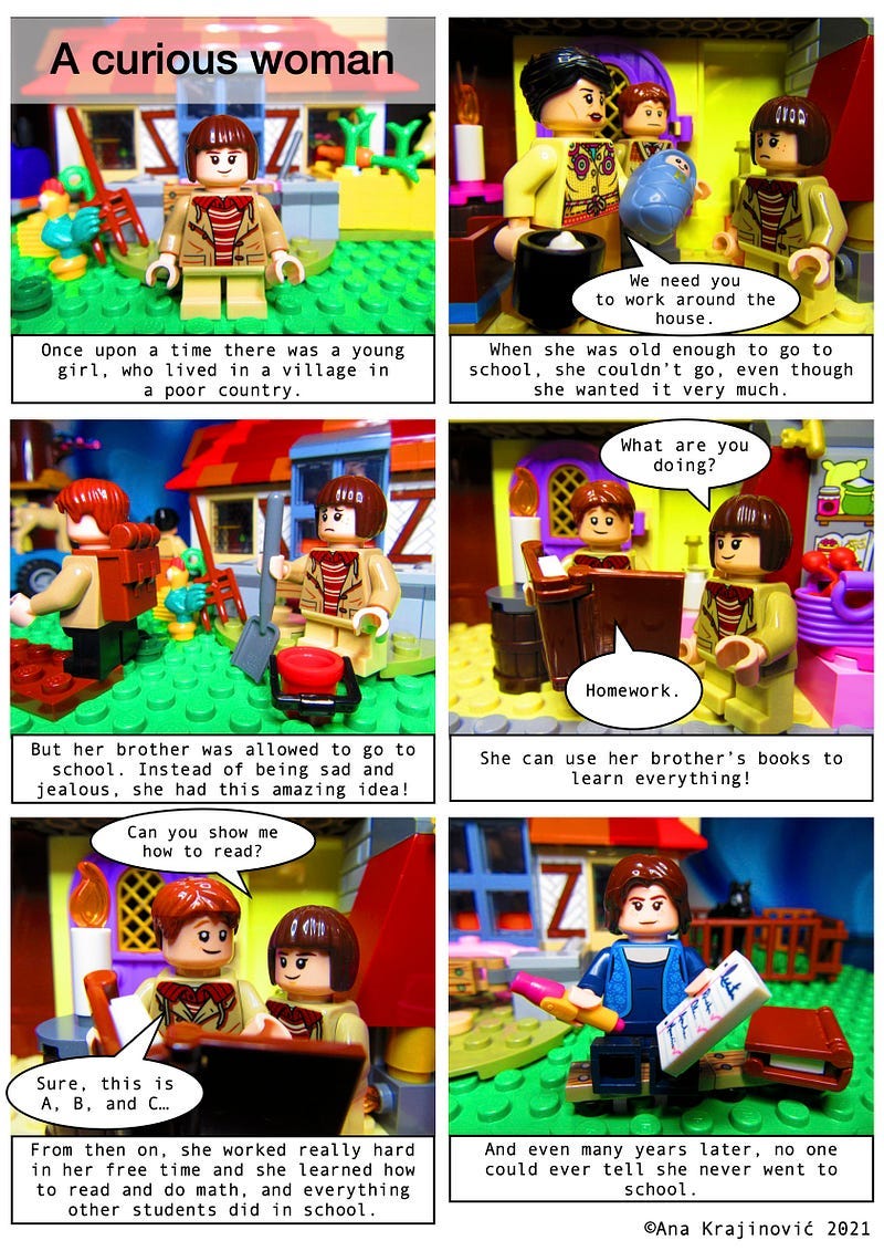 A Lego comic in 6 panels telling the story of a grandma who learned how to read and write even though she could not go to school.