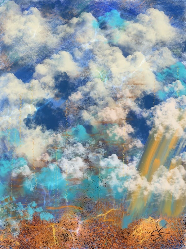 Abstract painting by Sherry Killam Arts depicting an outdoor scene with wind moving clouds through lightning to the ground.