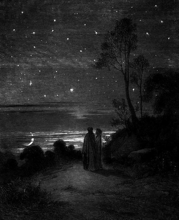 A black and white landscape; two figures behold a night sky dotted with stars and a low hanging crescent moon