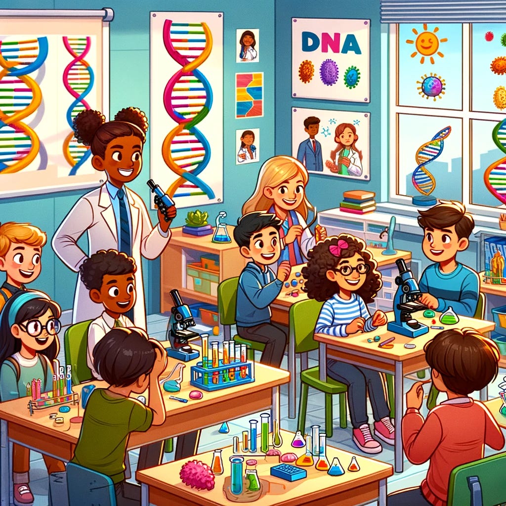 an cartoon image of a classroom celebrating DNA day