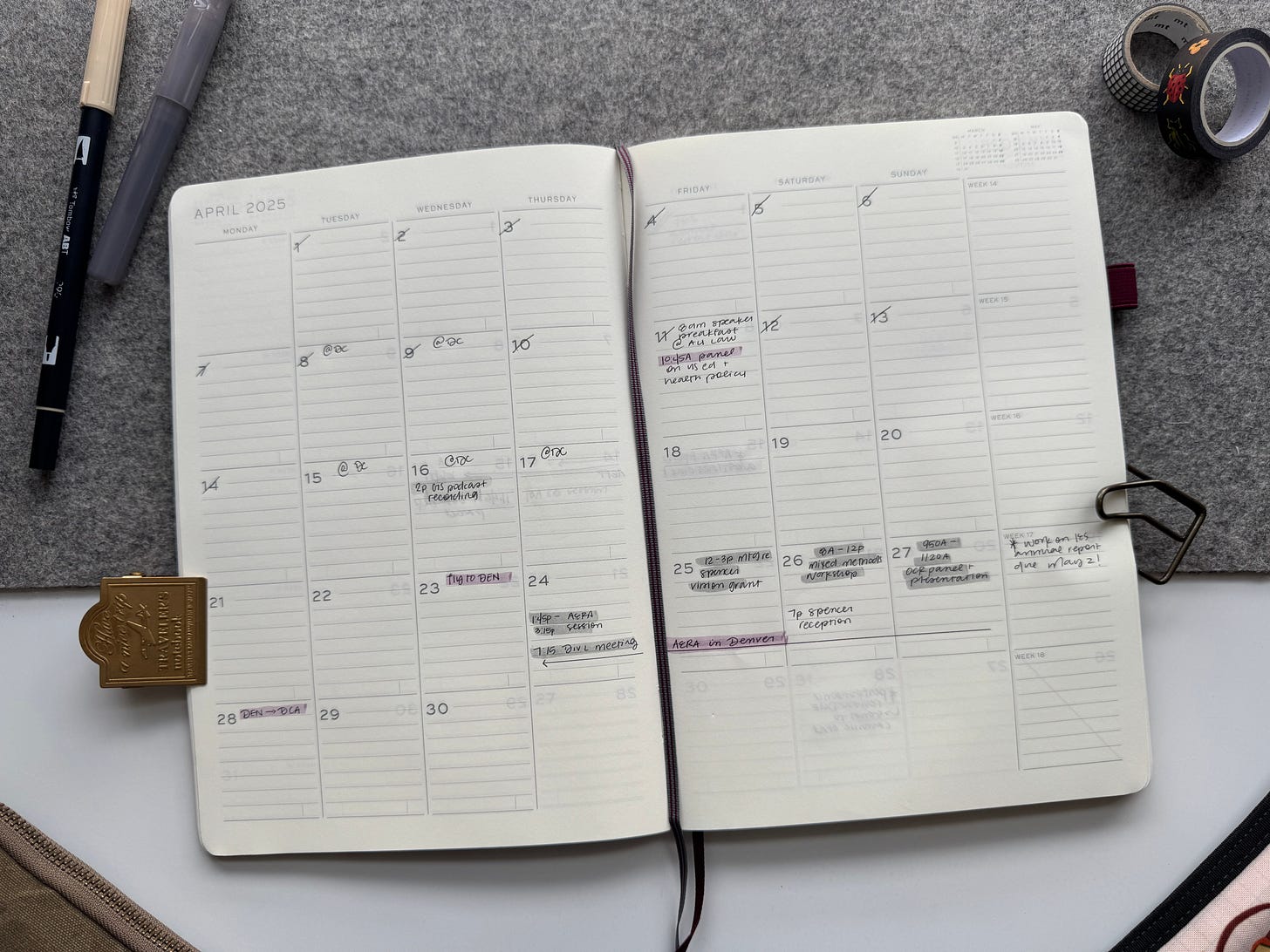 B5 Leuchtturm 1917 Monthly Planner and Notebook open to April 2025 monthly spread showing meetings, events, and deadlines.
