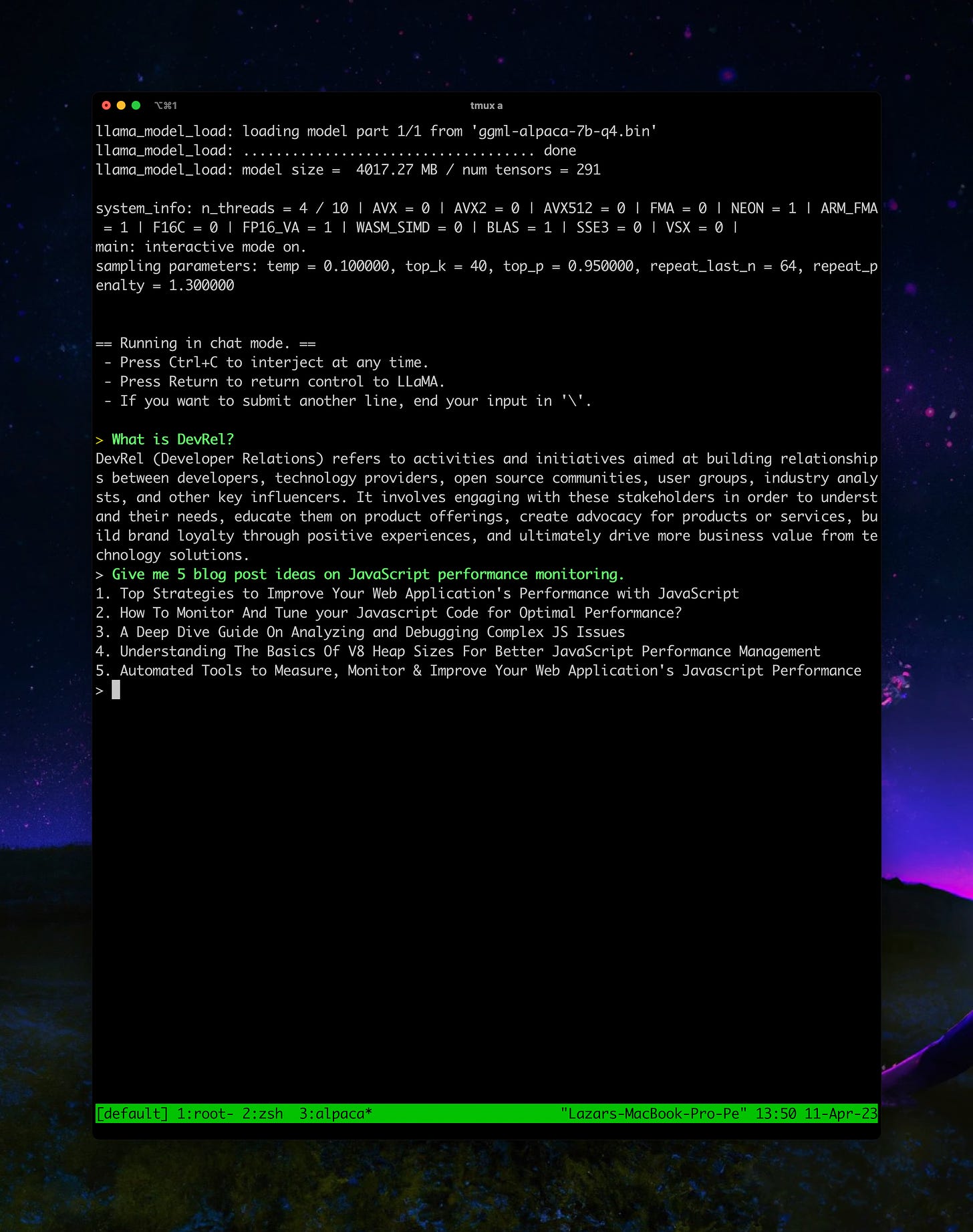 A screenshot of a terminal running the alpaca.cpp program.