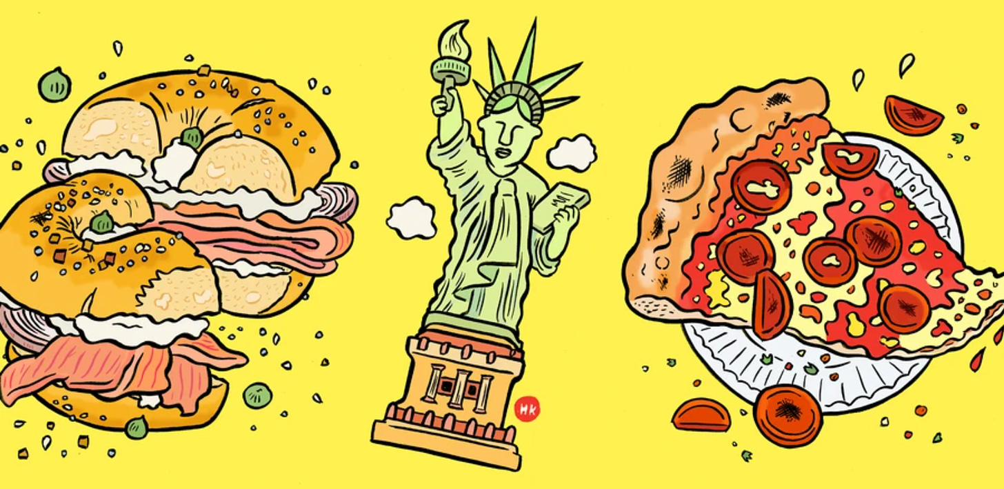 Illustration of the three NYC icons: Statue of Liberty, pizza, and bagel with lox 