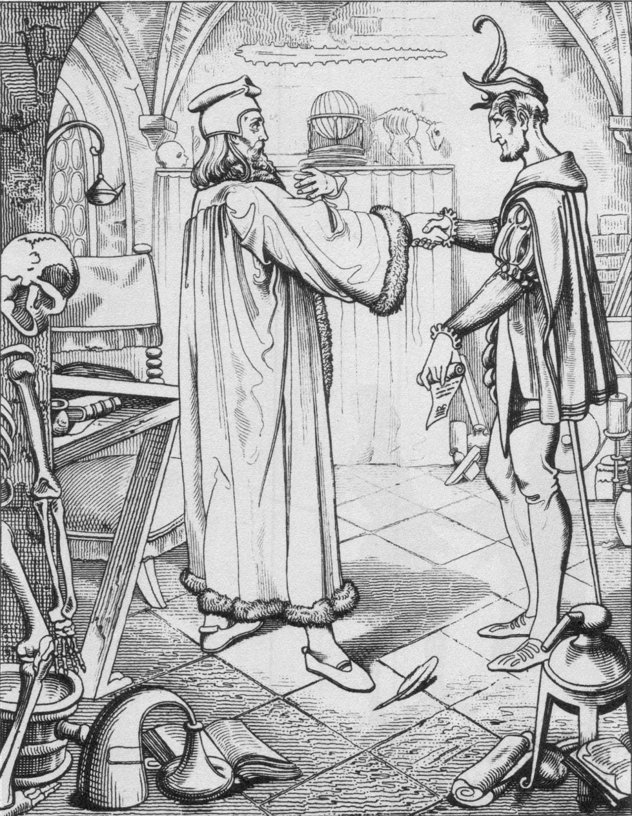 Engraving of Faust's pact with Mephisto, by Adolf Gnauth (circa 1840)