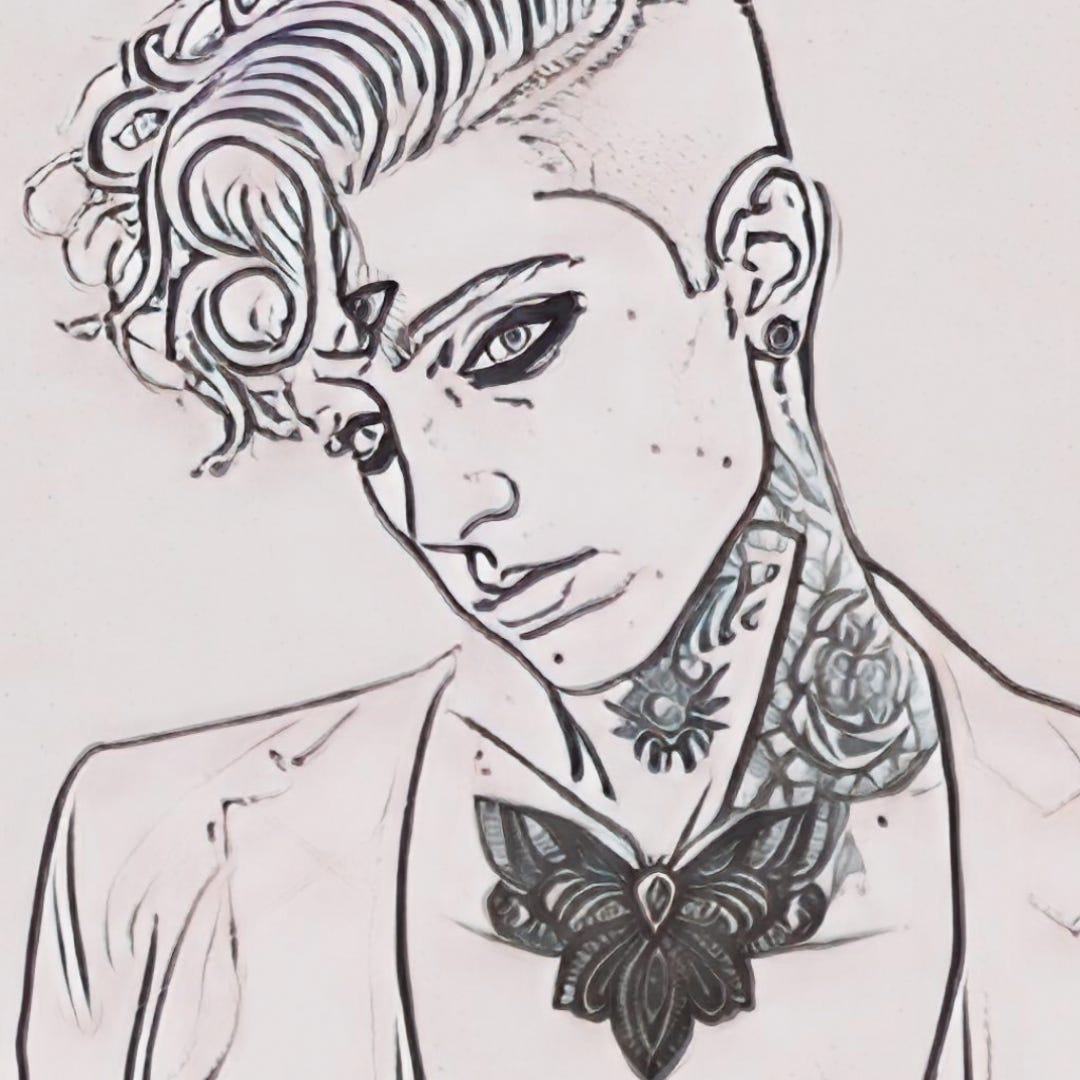 A non binary 21 year old gen z exo with 3 eyes. Hair is shaved at the sides and flopping over in waves over the forehead. Terrible neck tattoos and lots of eyeliner.