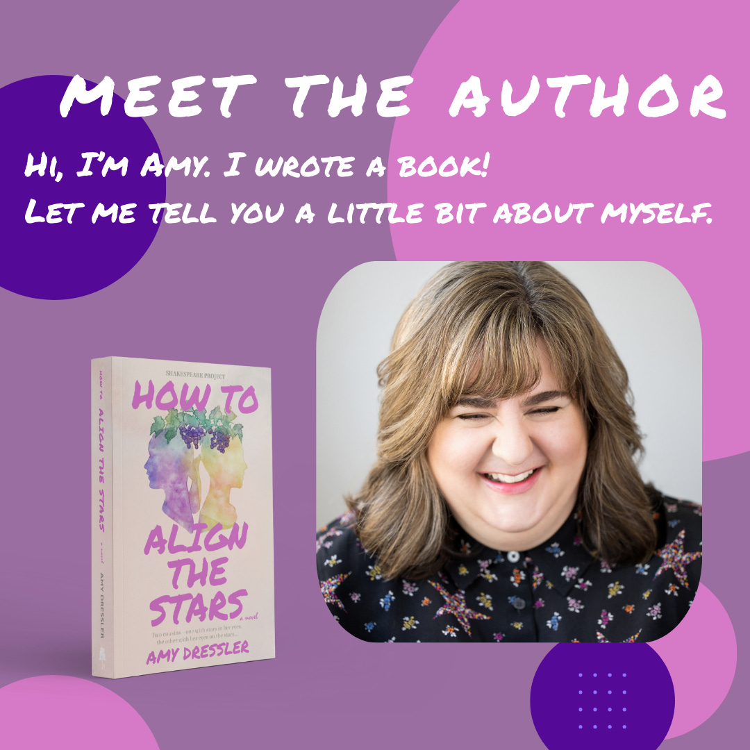 A purple polka-dotted background with a photo of a woman laughing and an image of the book How to Align the Stars. Text reads: Meet the author, Hi I’m Amy. I wrote a book! Let me tell you a little bit about myself.