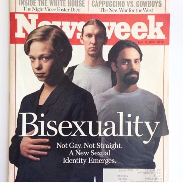 A Time Magazine cover from 1995 that shows a woman and two men and reads "Bisexuality Not Gay, Not Straight. A New Sexual Identity Emerges