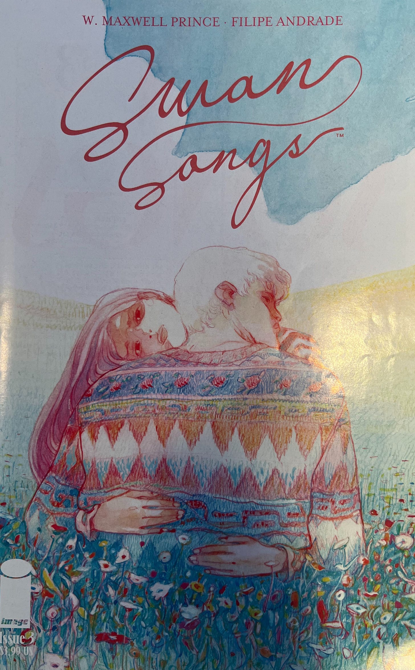 Swan Song #3. Cover features a colored pencil portrait of a man and woman embracing in front of an empty plain and blue skies.