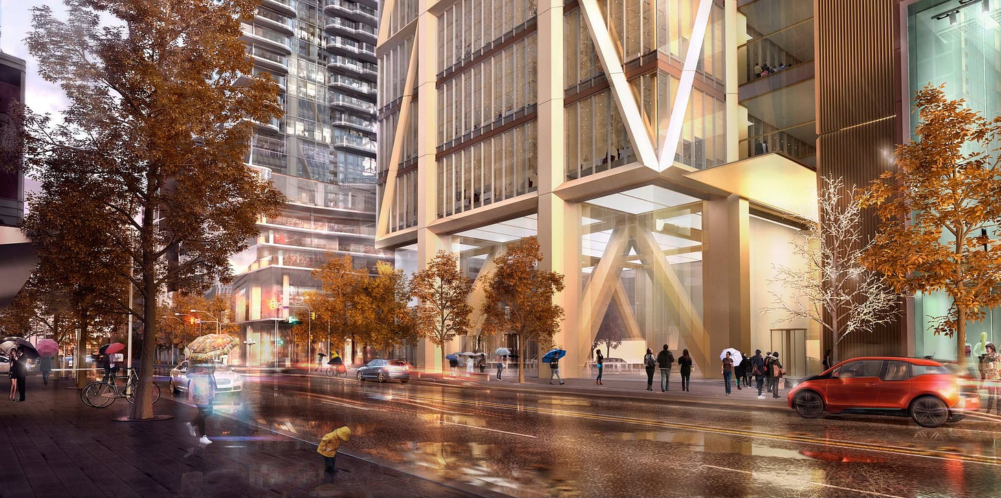 A rendering of The One in Toronto. A ground-level retail space appears to be an Apple Store.