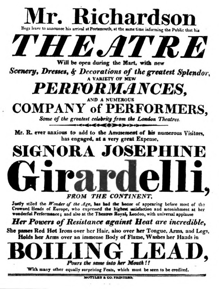 A 19th-century handbill announcing that Mr Richardson has engaged at very great expense Signora Josephine Girardelli to perform at his Theatre.