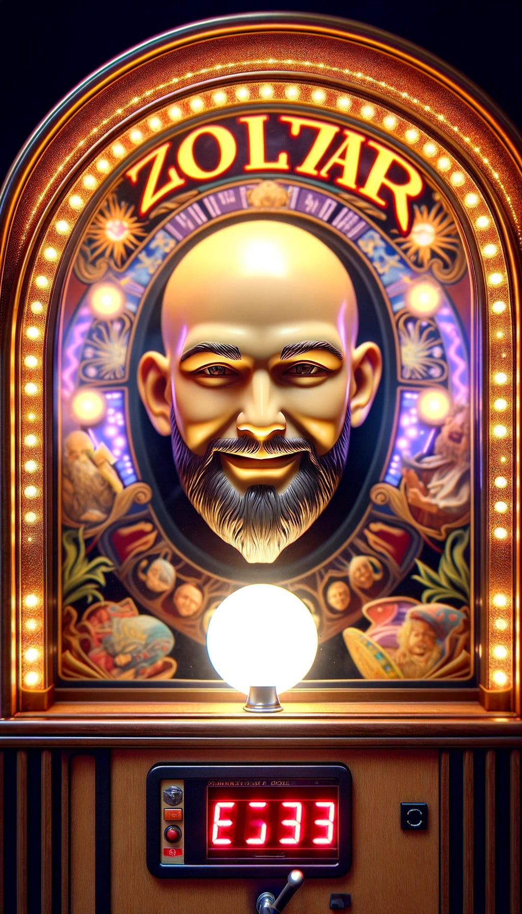 Illustrate a close-up of the interior of a Zoltar fortune-telling machine, this time featuring an abstract figure that suggests a young, bald man with a beard and a friendly smile. The youthful appearance of the figure should be accentuated by a modern and stylish beard. The figure is surrounded by mystical elements like a bright crystal ball and celestial decorations. Include a visible coin slot on the front panel of the machine for interaction. The ambient lighting should be warm, with a focus on the figure's smooth bald head, trendy beard, and the mystical atmosphere of the machine's interior.