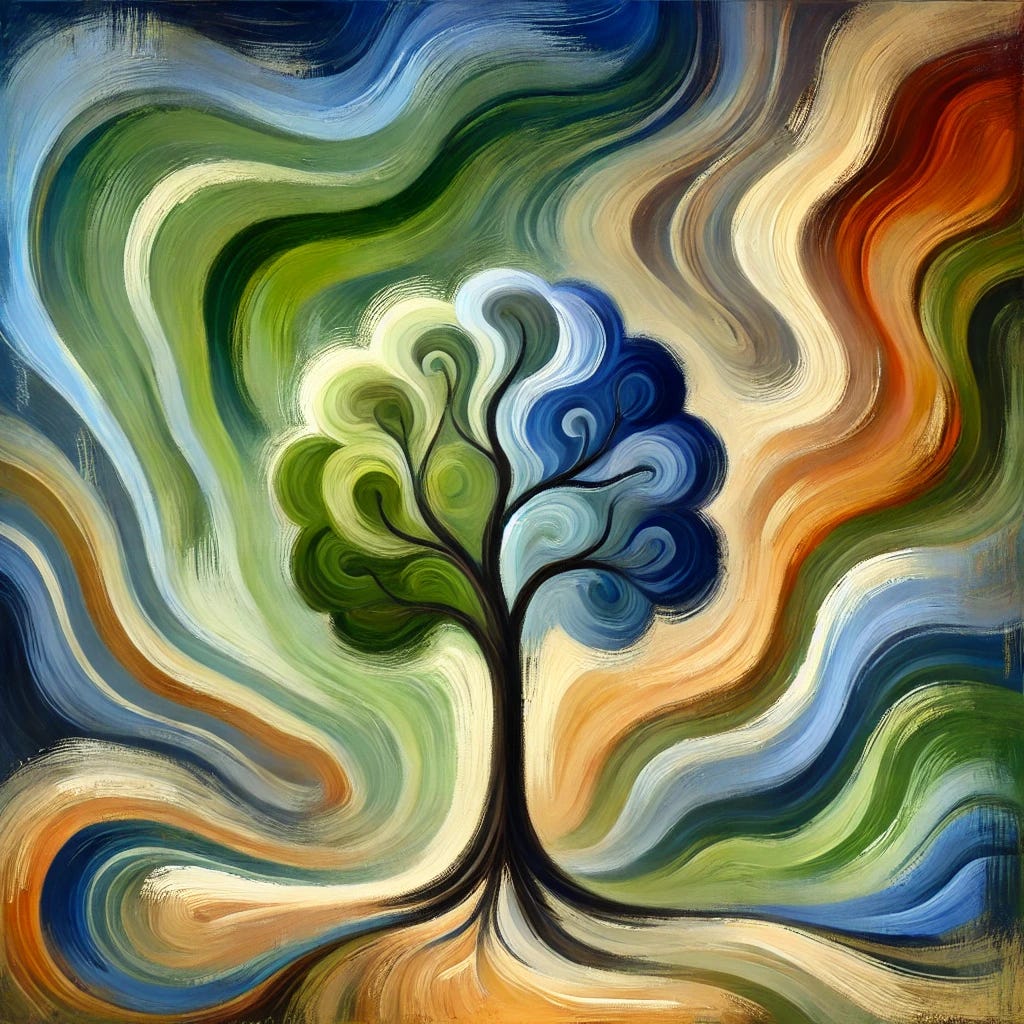 An improved abstract, playful painting inspired by Rainer Maria Rilke's concept of patience and inner growth. The central object remains a stylized tree, but with more fluid, flowing lines to express natural growth. The background uses deeper, richer shades of green, blue, brown, and black to create a more immersive, serene atmosphere. The tree’s colors gradually shift from deep blues and greens at the base to warmer golden hues at the top, symbolizing the process of becoming. Brushstrokes are more prominent, adding texture and liveliness, while the overall flat, two-dimensional composition emphasizes simplicity, harmony, and peace.