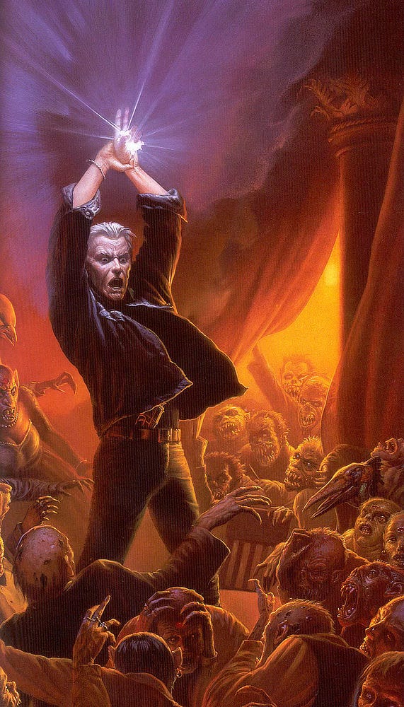 Father Callahan, a white haired man with a cross-shaped scar on his forehead, stands atop a table surrounded by vampires and low men. He thrusts his hands upward with a small turtle figurine glowing intensely bright. He is dressed all in black with a pistol tucked in his belt. Bathed in light, his face is etched with determination as his eyes draw to beads. The hideous creatures immediately surrounding him draw back in pain, grasping at their heads in agony with his shouted command. The room behind is lit yellow and orange where a curtain is drawn back and more creatures pile. Above, the light of the turtle radiates in defined white lines that shift the background purple