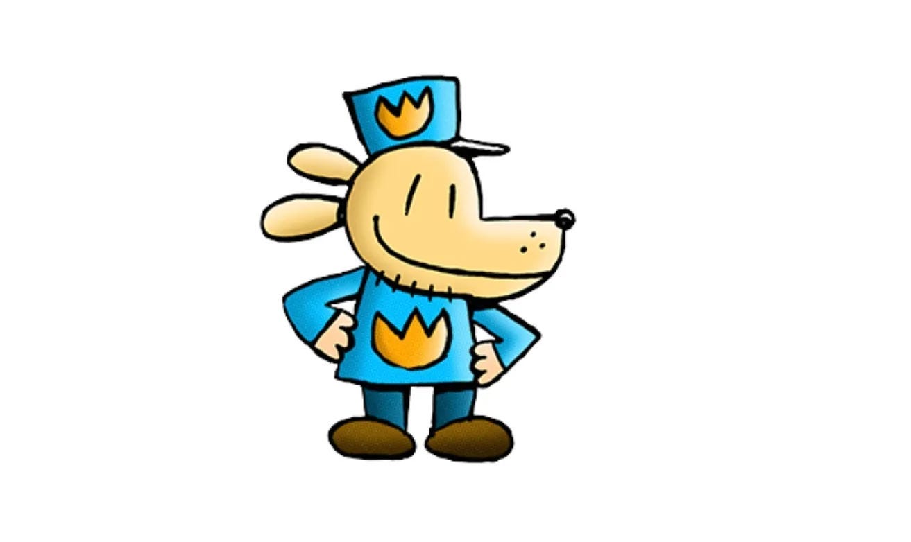 A cartoon dog wearing a blue uniform

Description automatically generated