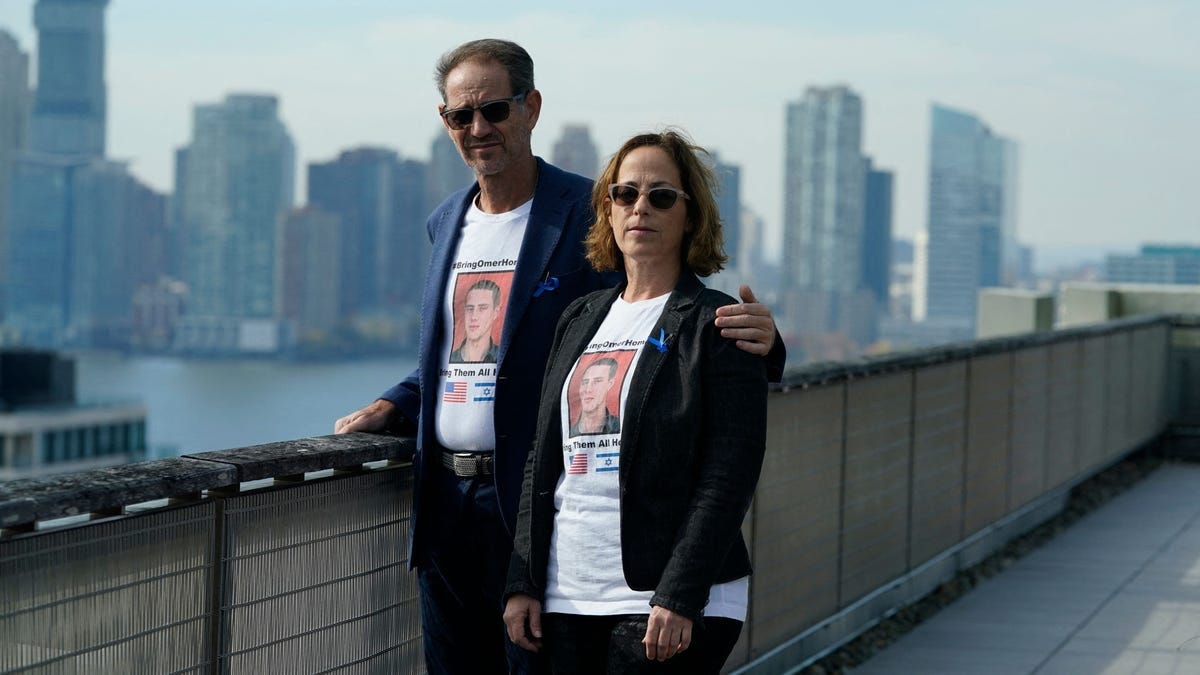 Ronen and Orna Neutra in New York City on Nov. 6. Their son, Omer, is a dual nationality US-Israeli soldier who is among the hostages seized by Hamas in its attack from Gaza.