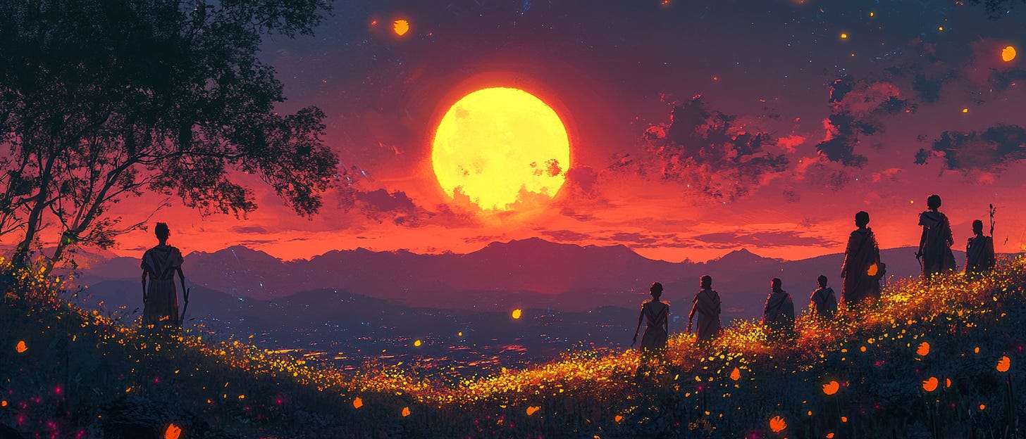 The image depicts a breathtaking scene of people standing on a hill covered in glowing wildflowers, under a vibrant sunset with a massive, radiant sun low on the horizon. Silhouetted figures dressed in robes gaze at the landscape, adding a sense of wonder and mystery. The sky is ablaze with intense reds, oranges, and purples, casting an otherworldly glow. The silhouettes of distant mountains frame the background, and subtle sparkles fill the air, enhancing the scene's magical atmosphere. The composition captures a beautiful, surreal moment of contemplation and connection with nature.