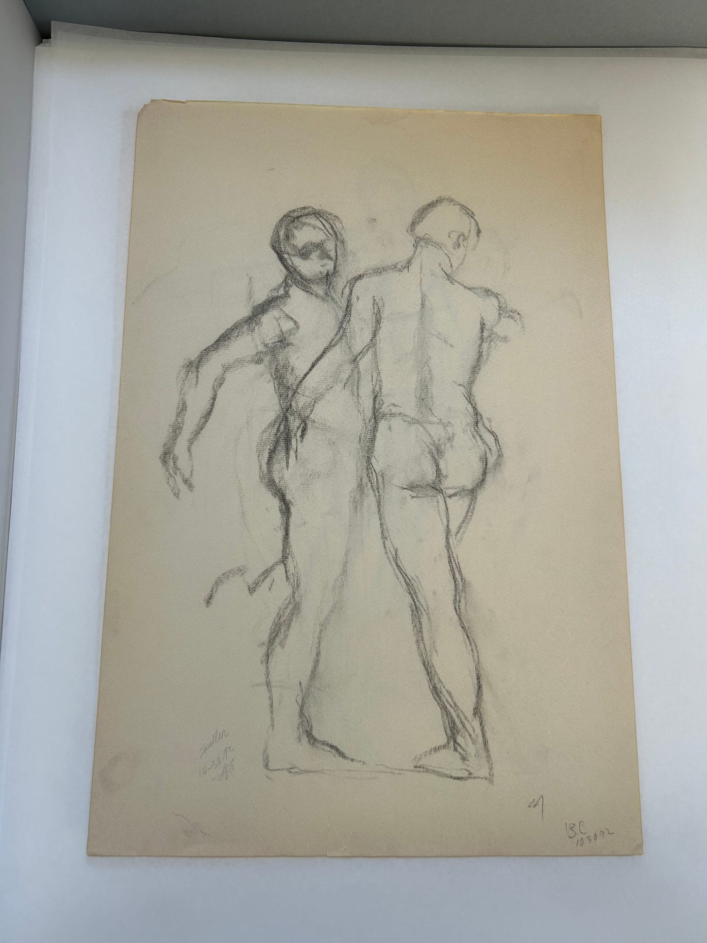 Two figures crudely sketched, nude, standing in motion overlapping, arms outstretched, incomplete, in a kind of dance.