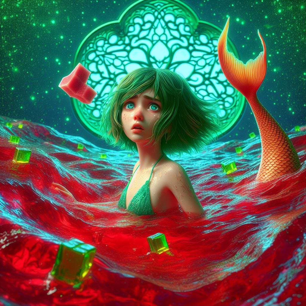 Hyperrealistic; tilt shift; everything is falling.foreshortening. mermaid with short chartreuse and brown sea kelp hair flowing. She is looking  confused swimming toward camera. swimming through red jello with Quatrefoil on wall: mermaid with neon blue Gothic Tracery inside: light green glowing decorative tiles. glowing coral light contains the Angkor Wat, Cambodia: red jello, sea kelp. Moonlit night with starry skies green sparkles.Tilt-shift. ethereal. red jello sea