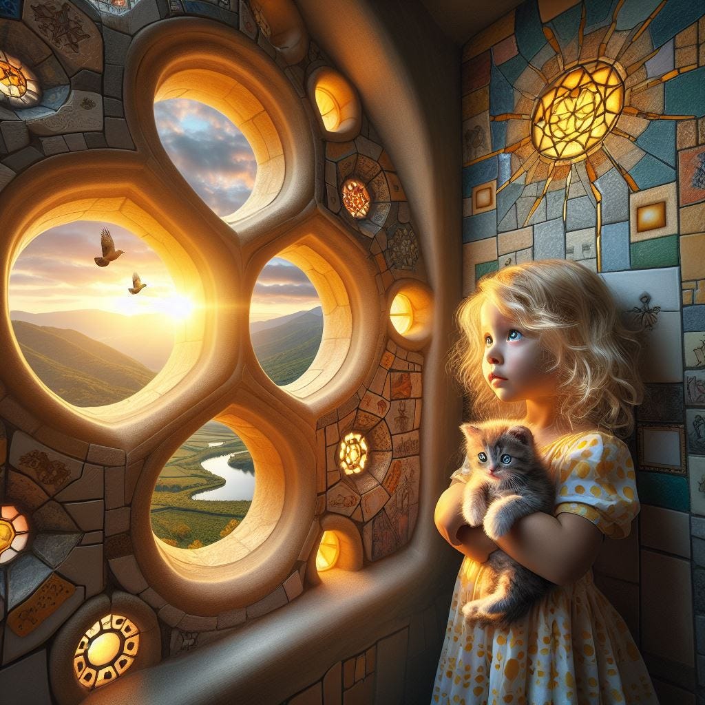 Hyper realistic;tilt shift;blond haired child holding kitten in front of “The Art of painting” by Johannes Vermeer, painting with merging Quatrefoil on wall: small painting with tan Gothic Tracery: chartreus glowing decorative tiles. painting merges into the Hundertwasserhaus, Vienna, Austria:painting partly embedded in wall. Interior warm light. sunbeams shining through. vast distance. Tilt shift. Bird flying by. Clouds overhead raining prisms of light on strings