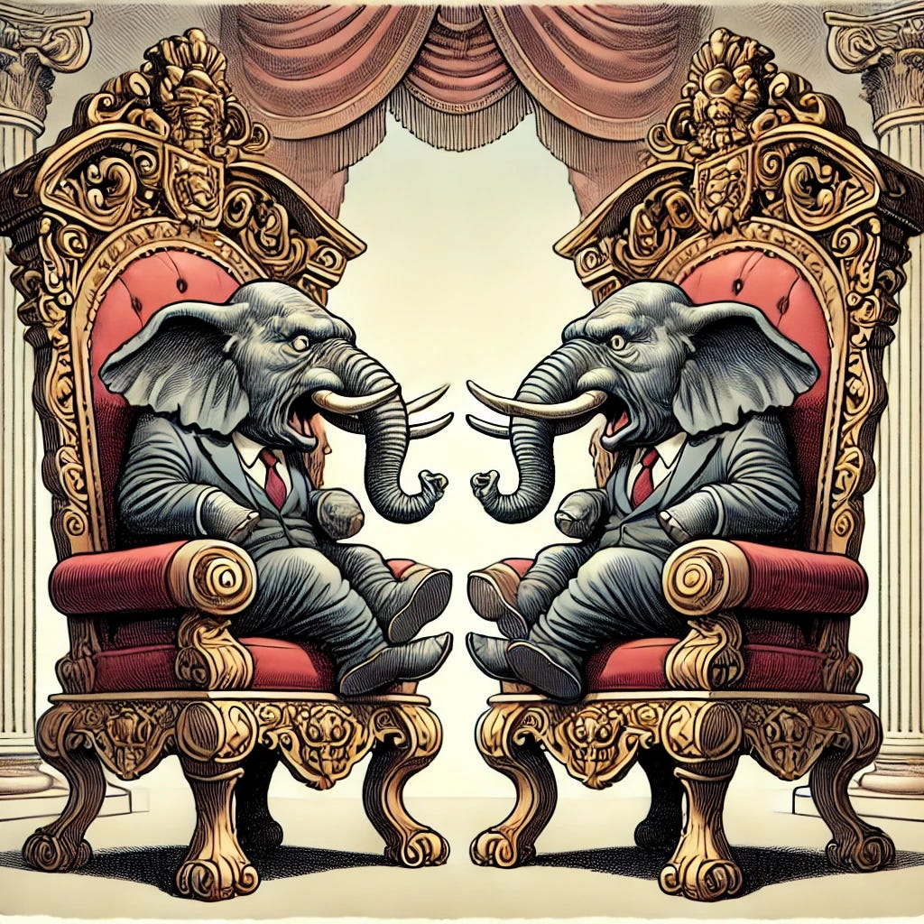 A political cartoon featuring two elephants sitting on ornate throne-like chairs, symbolizing power and authority. The elephants are facing each other, engaged in a heated argument or fight, with exaggerated expressions and body language to convey intense conflict. The thrones are highly decorative, with intricate carvings and regal designs, emphasizing their importance. The background suggests a grand setting, like a government chamber or palace, but is kept simple to focus attention on the fighting elephants.