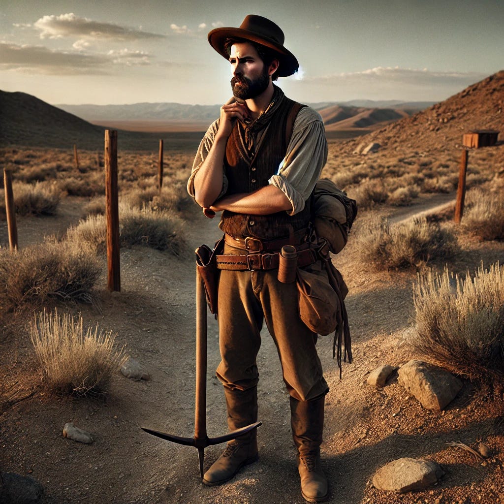 A rugged prospector from the American West around 1850, standing in a barren, rocky landscape typical of the Western frontier. He is dressed in worn, dusty clothes, including a wide-brimmed hat, leather boots, and a vest over a simple shirt. He holds a pickaxe in one hand and has a canteen slung over his shoulder. The prospector is at a crossroads, looking thoughtfully to his left and right, where potential drilling sites are marked by small wooden stakes. The sun is setting behind distant mountains, casting long shadows over the landscape, with dry, scrubby vegetation and a few scattered boulders around him.