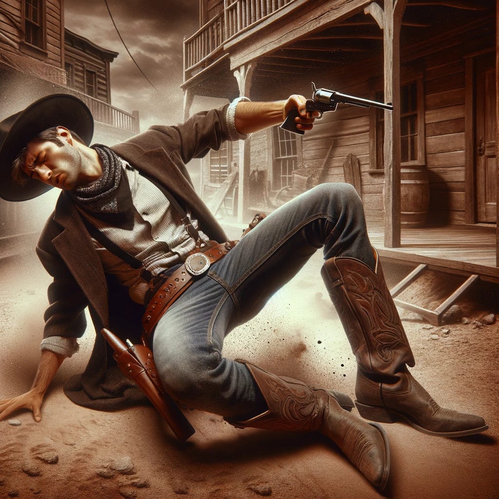 Create an image of a cowboy who has been shot during a duel. The cowboy should be depicted in a dramatic pose, perhaps stumbling or falling, with a pained expression on his face. He should be dressed in typical Western attire, complete with a hat and boots. The background can include elements of a Wild West town, like dusty streets or old buildings, to set the scene. The image should convey the intensity and danger of a classic Western gunfight, focusing on the cowboy's moment of vulnerability.