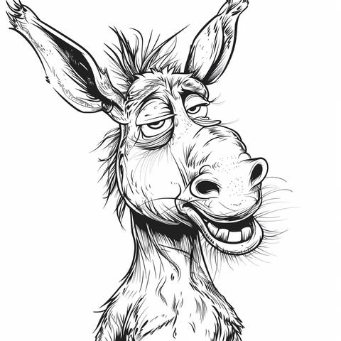 A friendly and funny donkey smiling, perfect for children to color and learn about animals through a coloring book subscription