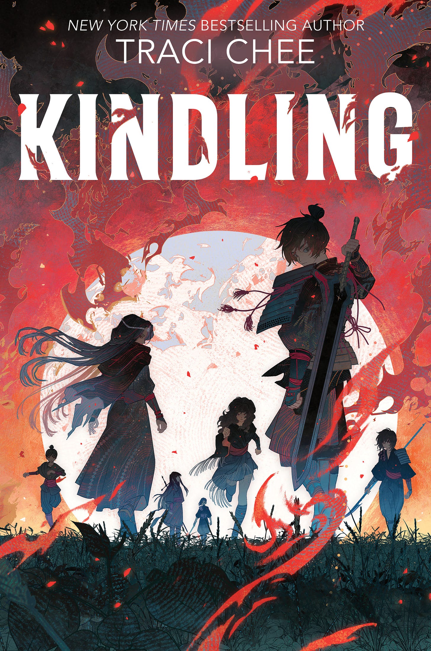 Cover of Kindling by New York Times bestselling author Traci Chee: seven warriors backlit by a giant rising moon with flames and fire dancing around them