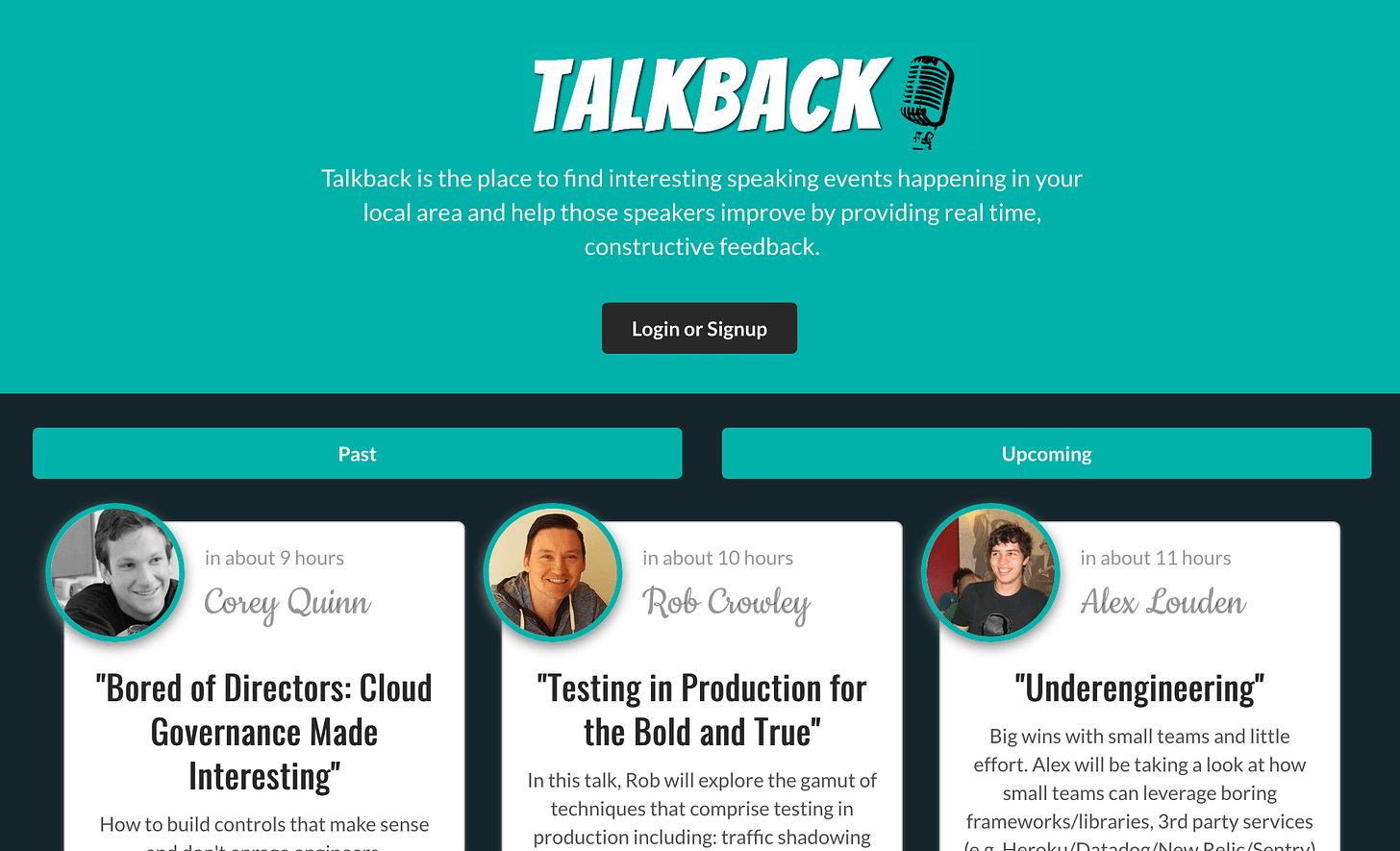 A cyan background with a drawn image of a microphone. The logo of talkback