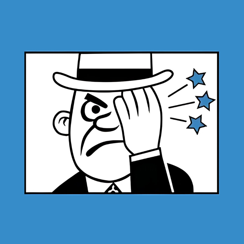 Illustration of a scowling man in a suit and hat holding one hand over his eye, with blue stars and pain lines radiating outward. The background is stark white with a blue frame.