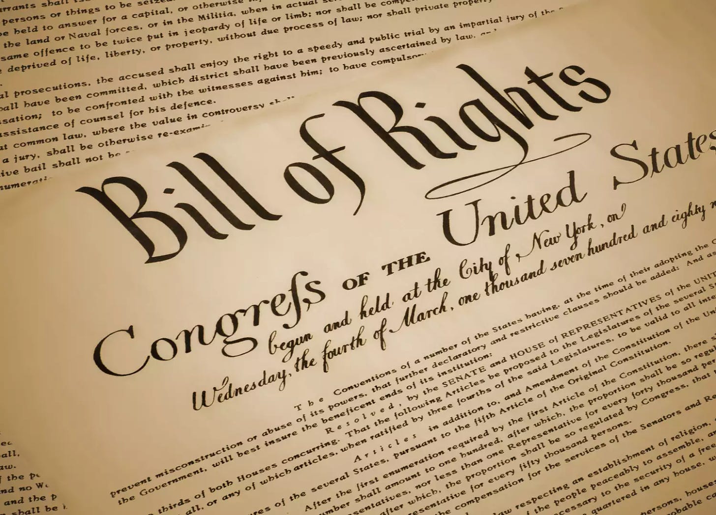 Replica of the United States Bill of Rights, documenting the first 10 amendments to the US Constitution.