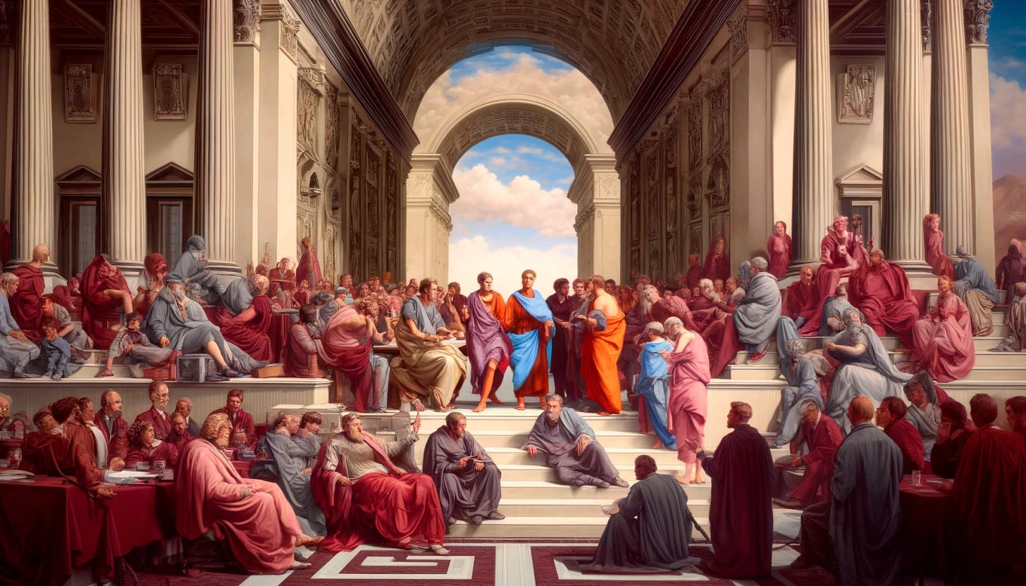 A photorealistic illustration for Brad DeLong's 'Grasping Reality' weblog, in landscape format, brightly colored with maroon and grey as prominent accent colors. The scene is in the style of Raphael's 'The School of Athens', but called 'The School of the 2024 SubStack blogosphere'. The image should feature modern scholars, writers, and economists engaged in dynamic discussion and debate, set against a grand architectural backdrop that combines classical elements with contemporary design. Ensure the scene is vibrant and engaging, highlighting the exchange of ideas in the digital age.