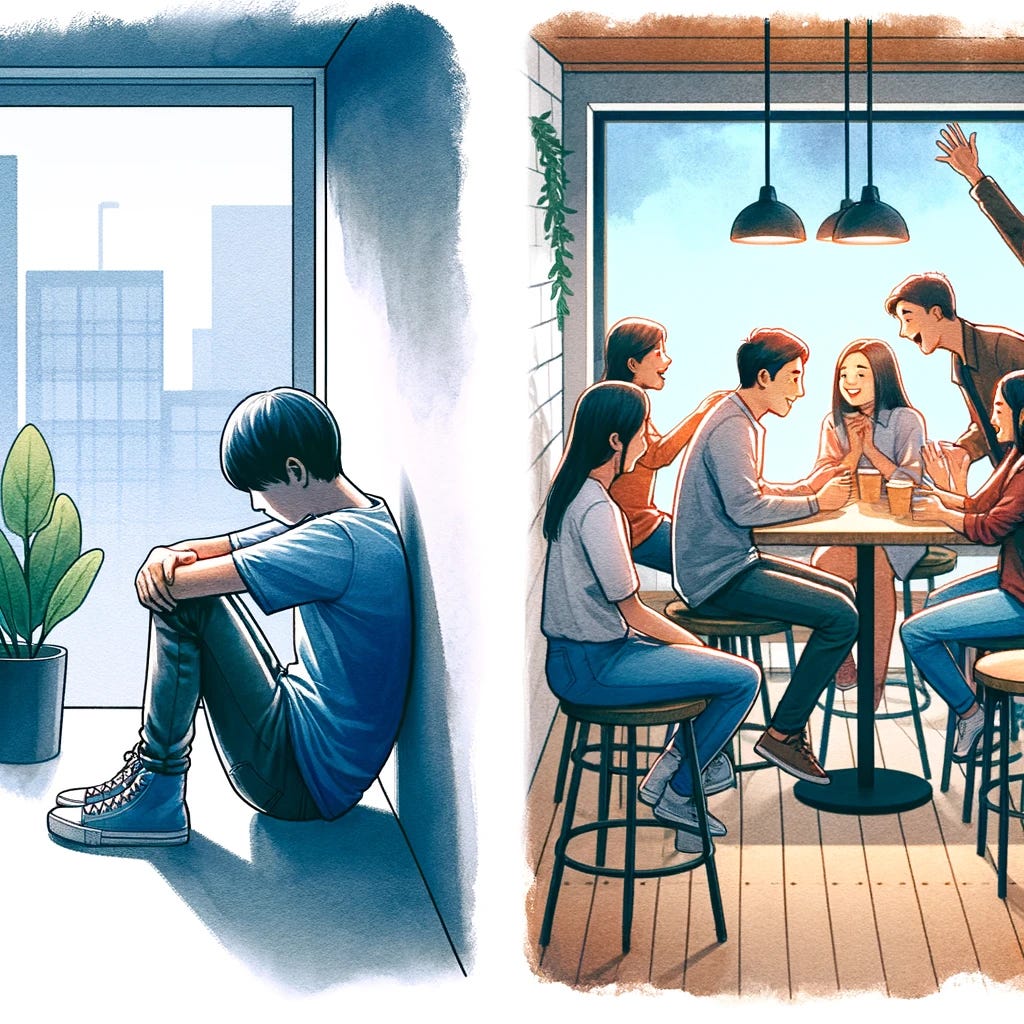 An illustration in a watercolor style, showing two contrasting scenes in a social setting. On one side, a person sits alone in a corner, symbolizing isolation. On the other side, a person is successfully integrating into a lively friend group, representing successful social integration. The setting is a casual, modern environment like a cafe or a park, highlighting the contrast between solitude and social interaction.