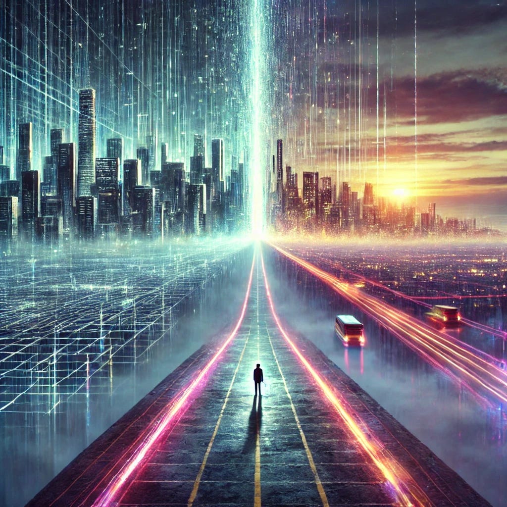 A thought-provoking surreal image of a futuristic cityscape fading into a hazy, dreamlike void, symbolizing the boundary between AI-generated coherence and human discovery. A neon-lit road stretches into the horizon, dissolving at its endpoint, illustrating the 'correspondence horizon.' A lone figure stands at the edge, contemplating the transition from structured knowledge to the unknown.