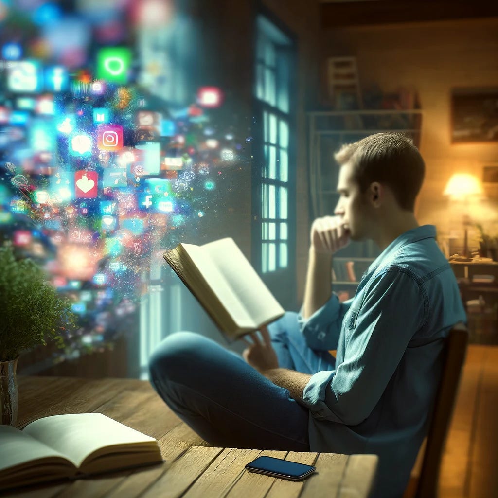 Create an image that symbolizes the concept of reclaiming attention in a digital world. The scene depicts a person sitting at a desk, focused on reading a book, with their smartphone lying face down next to them. The room is softly lit to convey a sense of calm and focus. In the background, there's a blurred digital screen displaying an array of colorful, distracting images, symbolizing the constant pull of digital distractions. This image should evoke a feeling of tranquility and deliberate choice, highlighting the contrast between the quiet activity of reading and the chaotic digital noise.