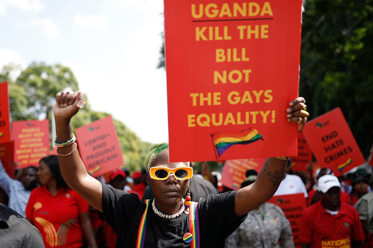 A queer activist pickets&nbsp;on April 4 outside the Uganda High Commission to protest&nbsp;the country’s anti-homosexuality bill.
