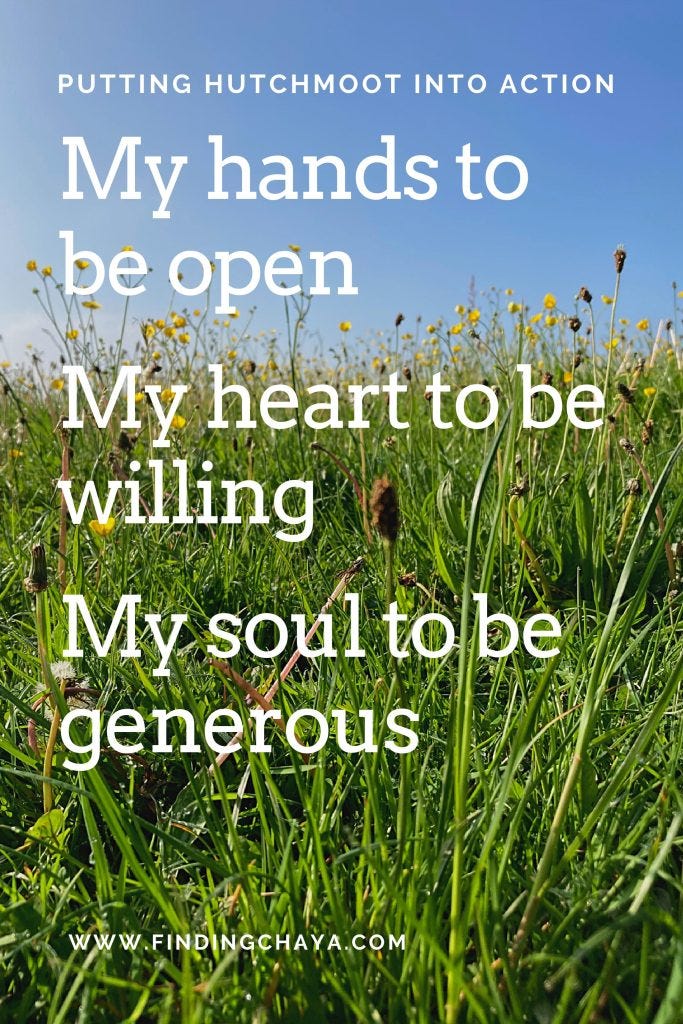 Image of a field with grass and buttercups.

Text over the top repeats the three things Jesus wants us to have to be hospitable.
It reads: My hands to be open. My heart to be willing. My soul to be generous.