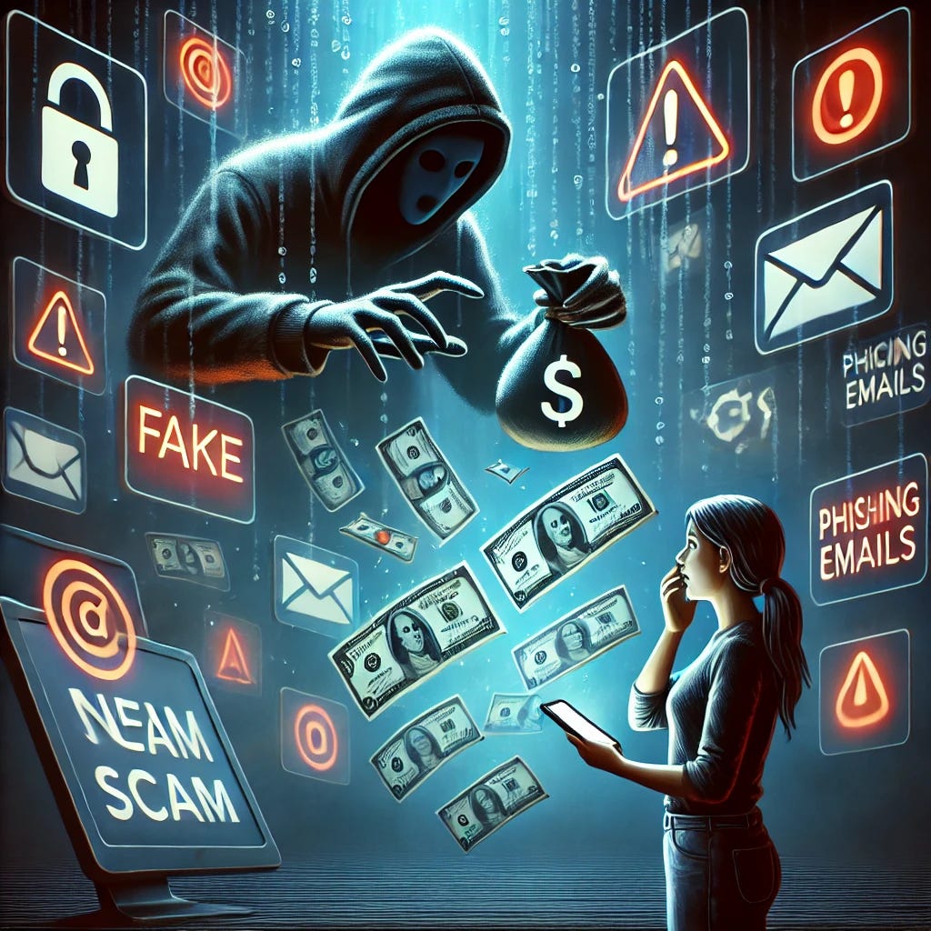 A conceptual illustration of a new scam. A person is looking at their phone, shocked, as digital money vanishes from their screen into the hands of a shadowy figure in the background. The scammer is surrounded by floating icons of fake investment schemes, phishing emails, and deceptive social media ads. The scene is dark and mysterious, with glowing red warning signs flashing around the victim.