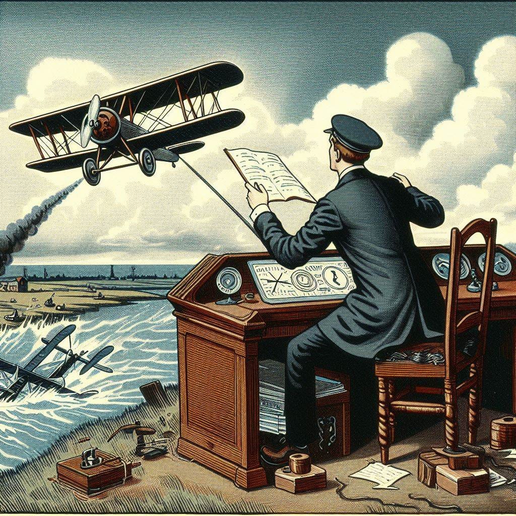 air traffic controller guiding airplane as it crashes into the ground, 1900-style illustration, colored woodcut