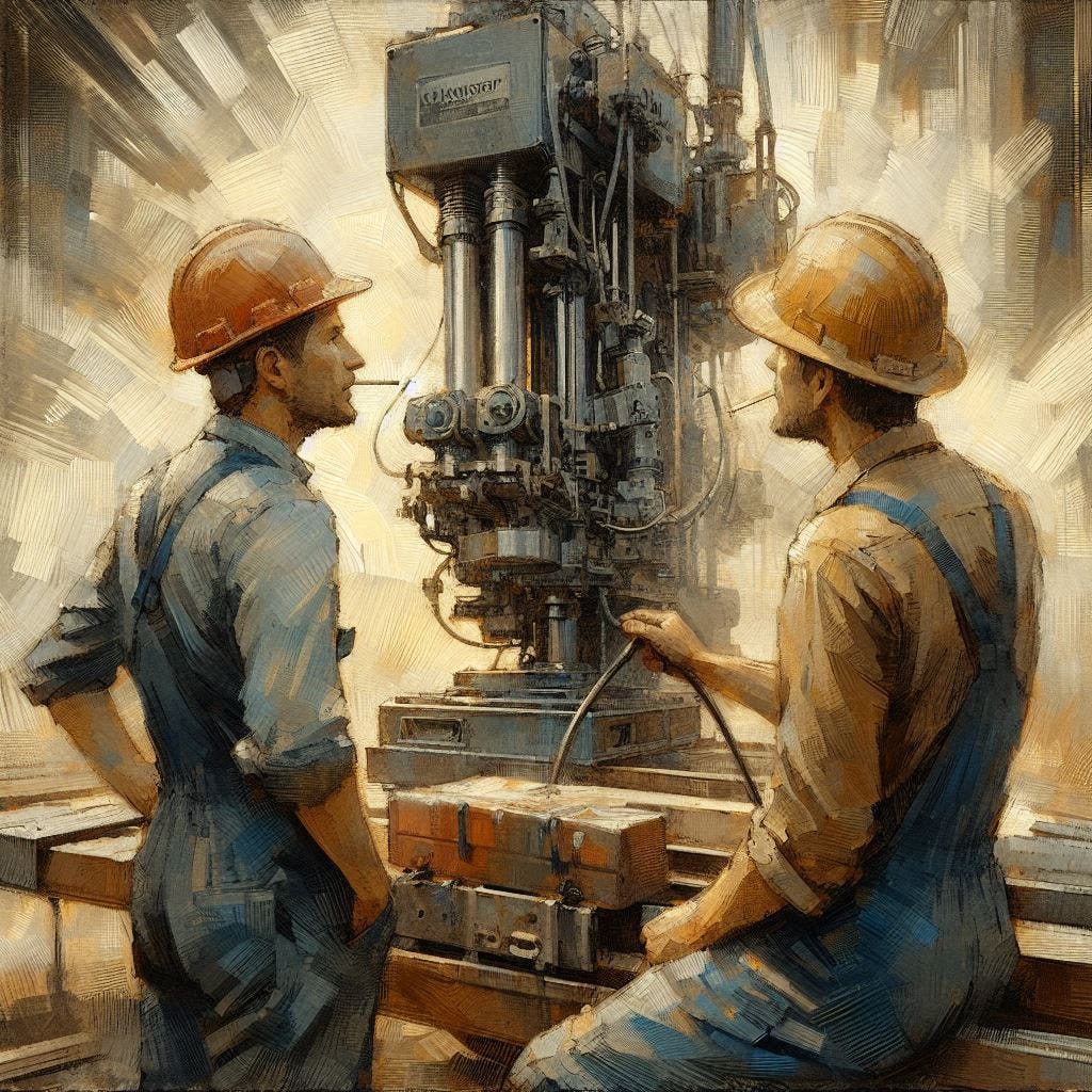 Two construction workers look at each other across the machine they just broke. The machine is smoking. Slight impressionist style.