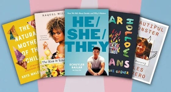 collage of trans memoir covers against a trans pride colors background