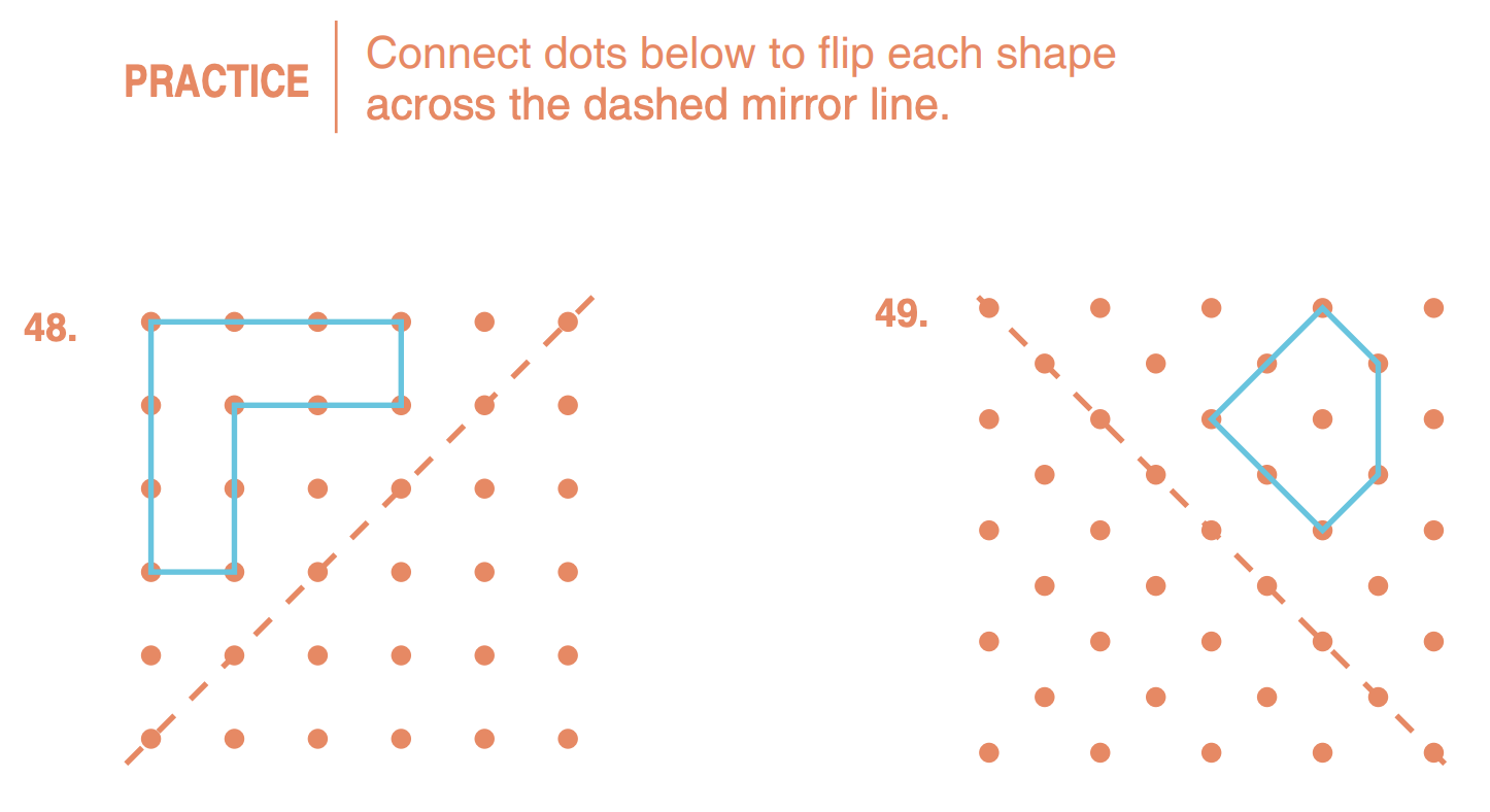 A Beast Academy page where you connect the dots in a grid to create the reflection of a particular polygon across a diagonal line.