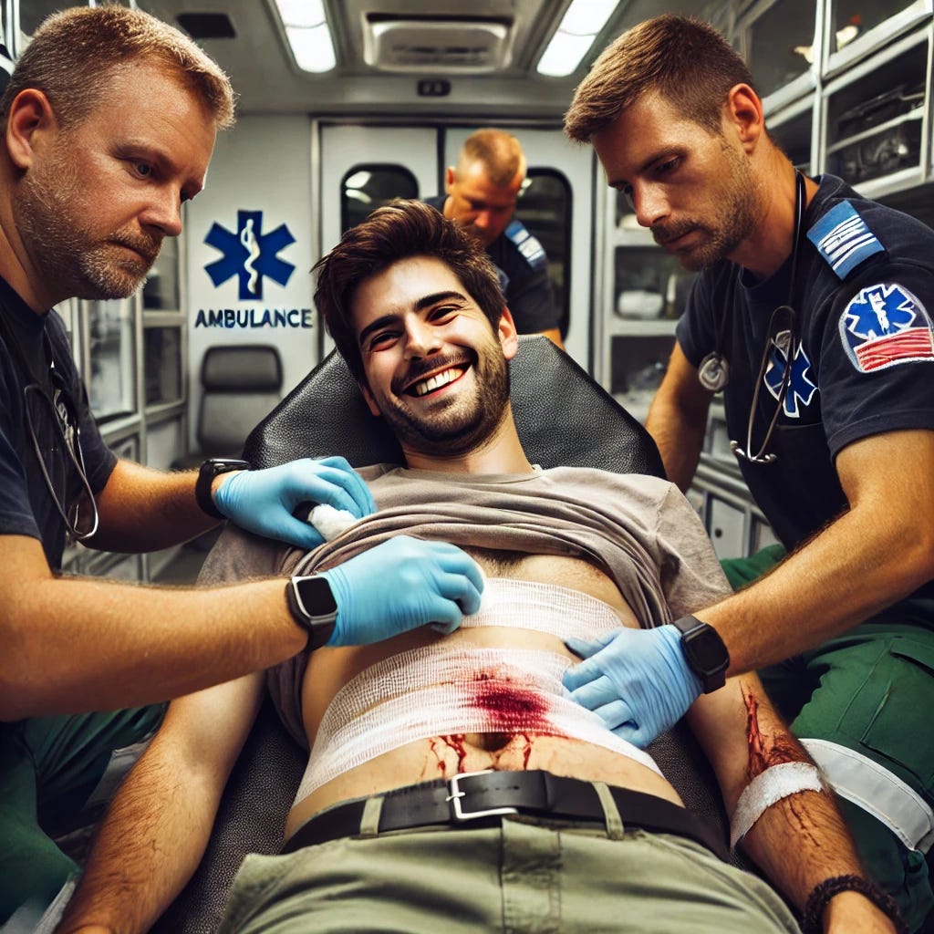 A man lying down on a stretcher in the back of an ambulance. He has a bled-through gauze pad on his stomach, with some blood visible on his clothing. Despite his injuries, he is smiling, giving the impression he is making a joke. Two EMTs with serious and focused expressions are tending to him, carefully handling medical supplies to patch him up. The ambulance interior is well-lit, with various medical equipment around. The mood highlights the contrast between the man's humor and the EMTs' focused professionalism.