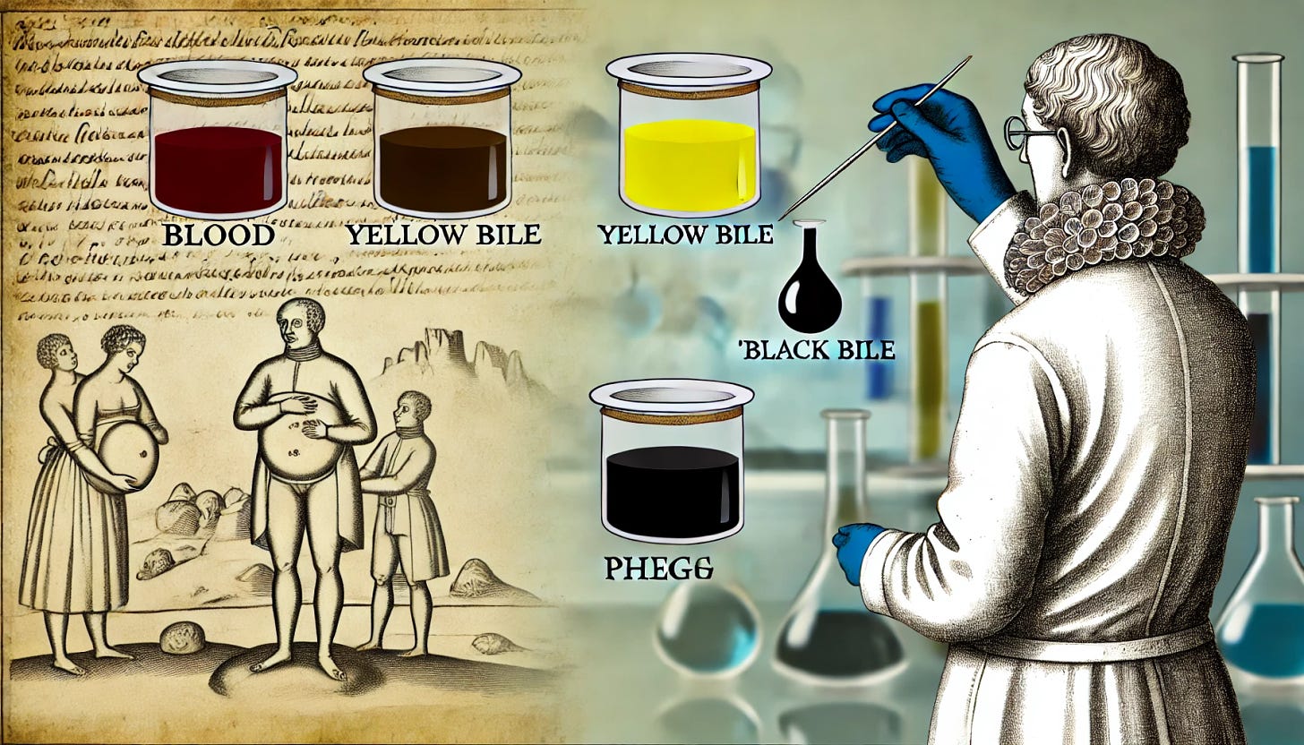 An illustration of the historical practice of medical bleeding, showing a doctor from centuries past using a lancet to bleed a patient with four jars labeled 'Blood,' 'Yellow Bile,' 'Black Bile,' and 'Phlegm' next to them. In the background, show a modern laboratory setting where scientists are conducting rigorous experiments, highlighting the transition from ancient practices to modern empirical science.