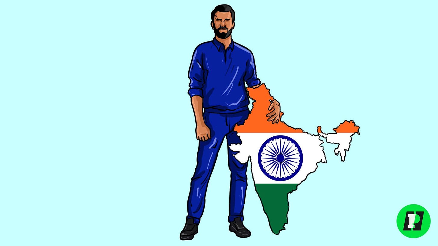 cartoon image of indian cricket player holding the flag of india