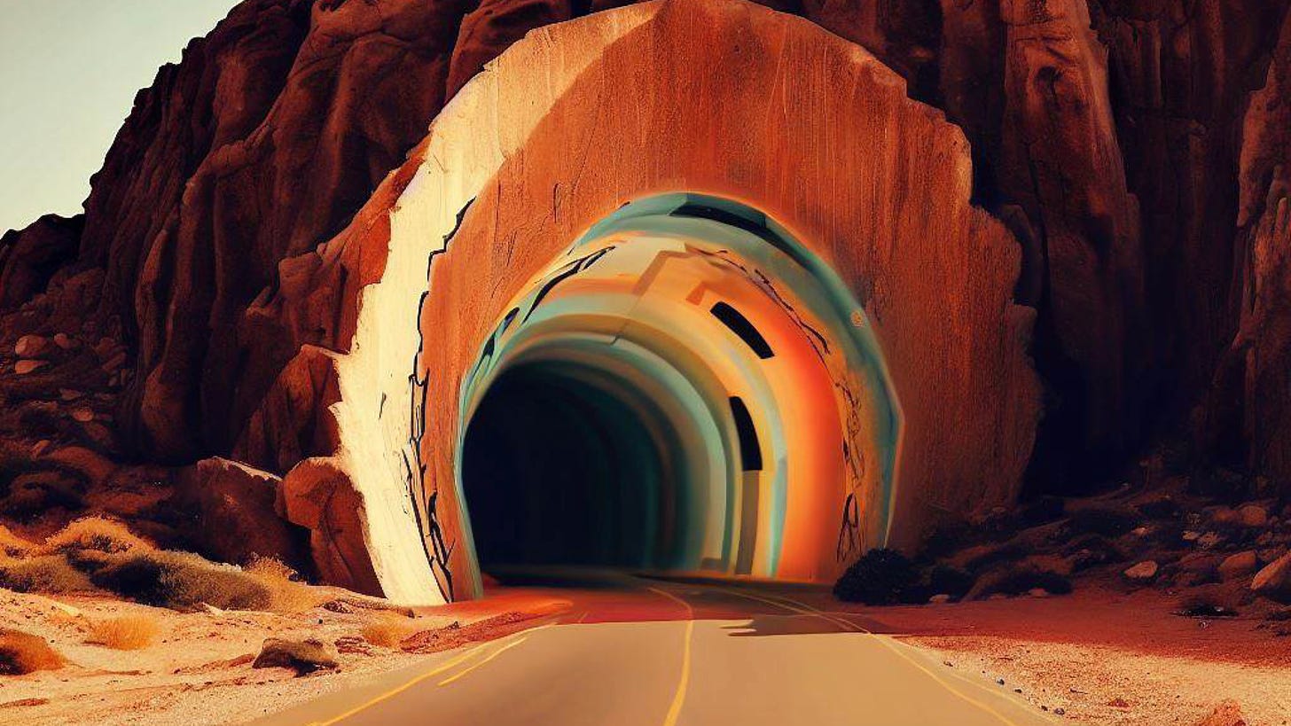 A cartoon tunnel painted onto the side of a mountain wall